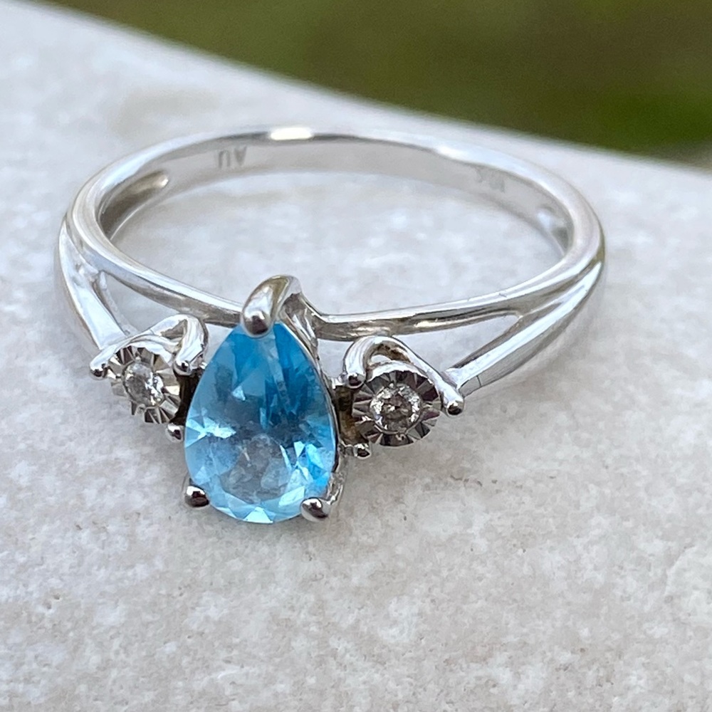 Genuine Blue Topaz Ring 10k white gold with Diamond accent teardrop stamped